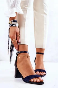 Damskie Boto Skórzane Sandałki Na Słupku Czarno-Granatowe Lorene