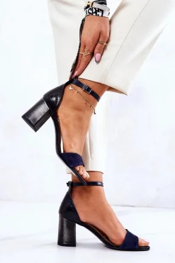 Damskie Boto Skórzane Sandałki Na Słupku Czarno-Granatowe Lorene