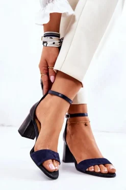 Damskie Boto Skórzane Sandałki Na Słupku Czarno-Granatowe Lorene