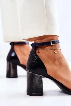 Damskie Boto Skórzane Sandałki Na Słupku Czarno-Granatowe Lorene