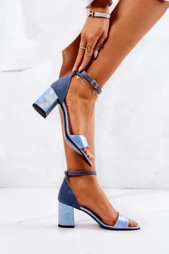 Damskie Boto Skórzane Sandałki Na Słupku Niebieskie Lorene