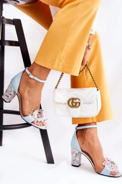 Damskie Boto Skórzane Sandałki Na Słupku Z Kryształkami Niebieskie Velinda