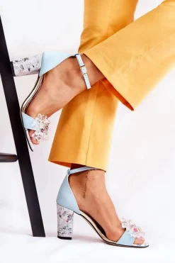 Damskie Boto Skórzane Sandałki Na Słupku Z Kryształkami Niebieskie Velinda