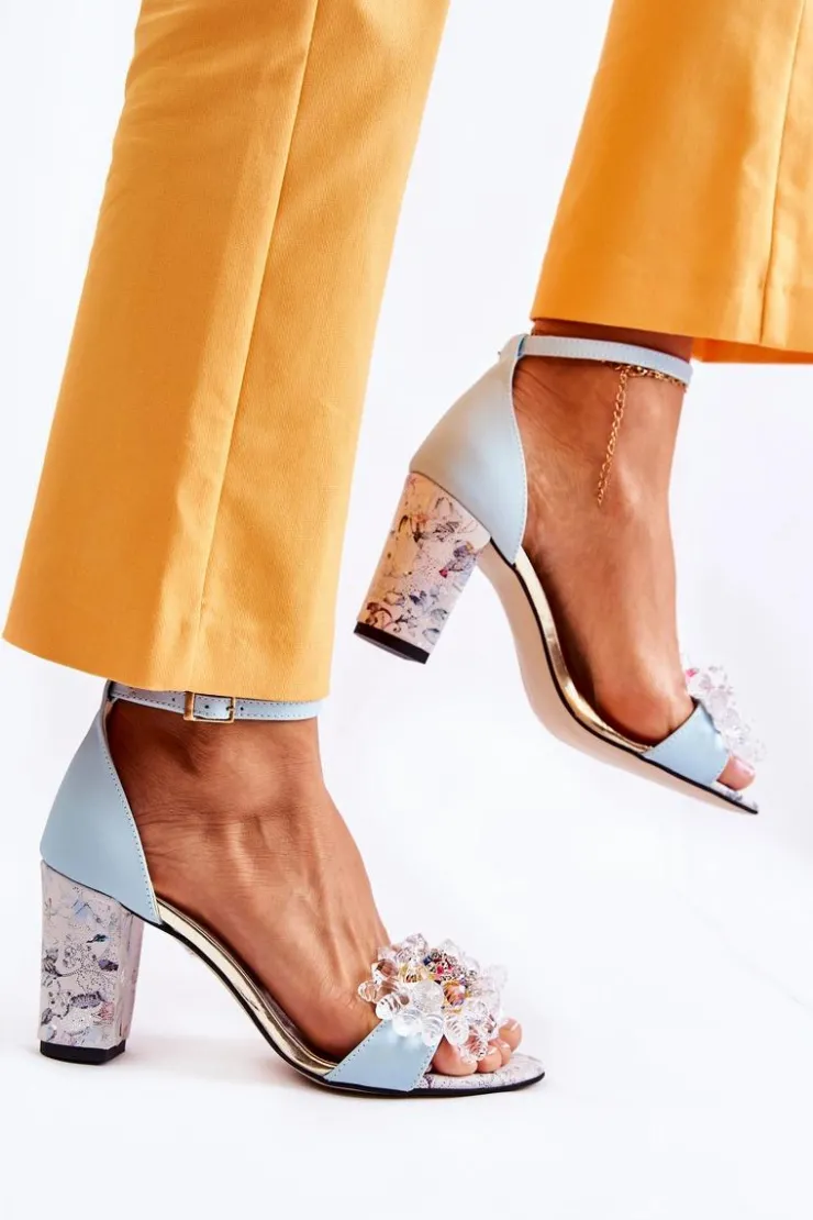 Damskie Boto Skórzane Sandałki Na Słupku Z Kryształkami Niebieskie Velinda