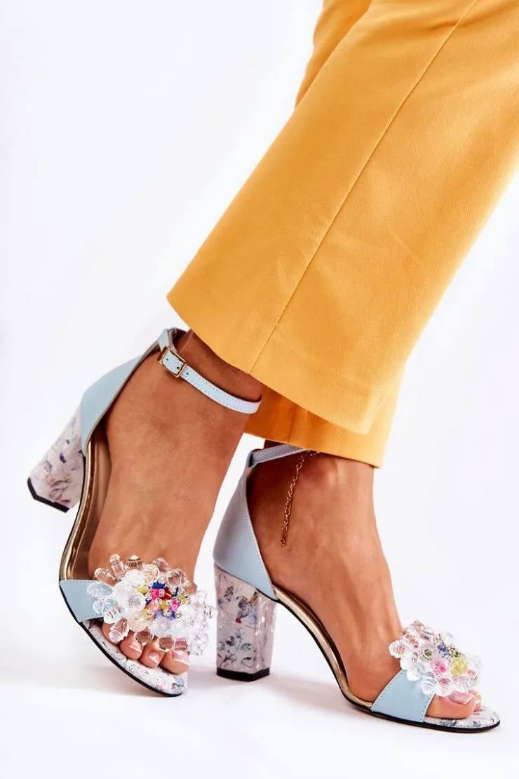 Damskie Boto Skórzane Sandałki Na Słupku Z Kryształkami Niebieskie Velinda