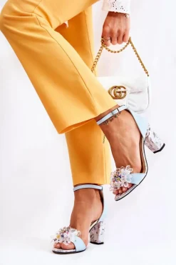 Damskie Boto Skórzane Sandałki Na Słupku Z Kryształkami Niebieskie Velinda