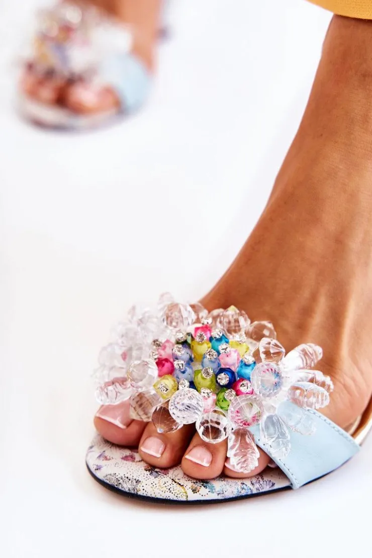 Damskie Boto Skórzane Sandałki Na Słupku Z Kryształkami Niebieskie Velinda