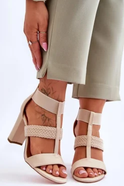 Damskie Boto Skórzane Sandały Botki Na Obcasie Beżowe Marren