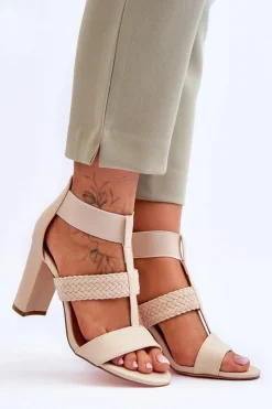 Damskie Boto Skórzane Sandały Botki Na Obcasie Beżowe Marren