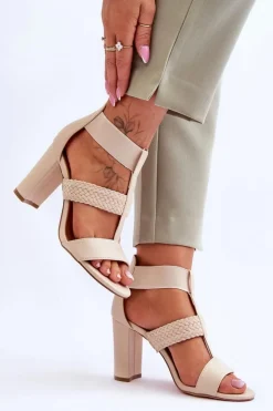 Damskie Boto Skórzane Sandały Botki Na Obcasie Beżowe Marren