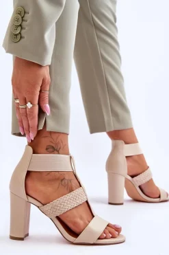 Damskie Boto Skórzane Sandały Botki Na Obcasie Beżowe Marren