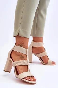 Damskie Boto Skórzane Sandały Botki Na Obcasie Beżowe Marren