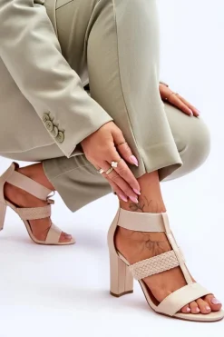 Damskie Boto Skórzane Sandały Botki Na Obcasie Beżowe Marren