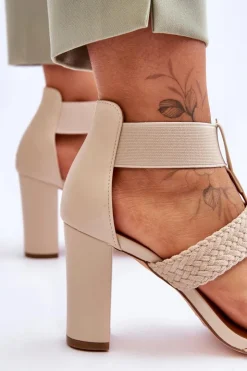 Damskie Boto Skórzane Sandały Botki Na Obcasie Beżowe Marren