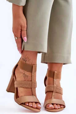 New Boto Skórzane Sandały Botki Na Obcasie Camel Marren