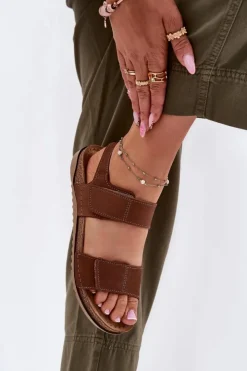 Outlet INBLU Skórzane Sandały Damskie AA0001KU Camel