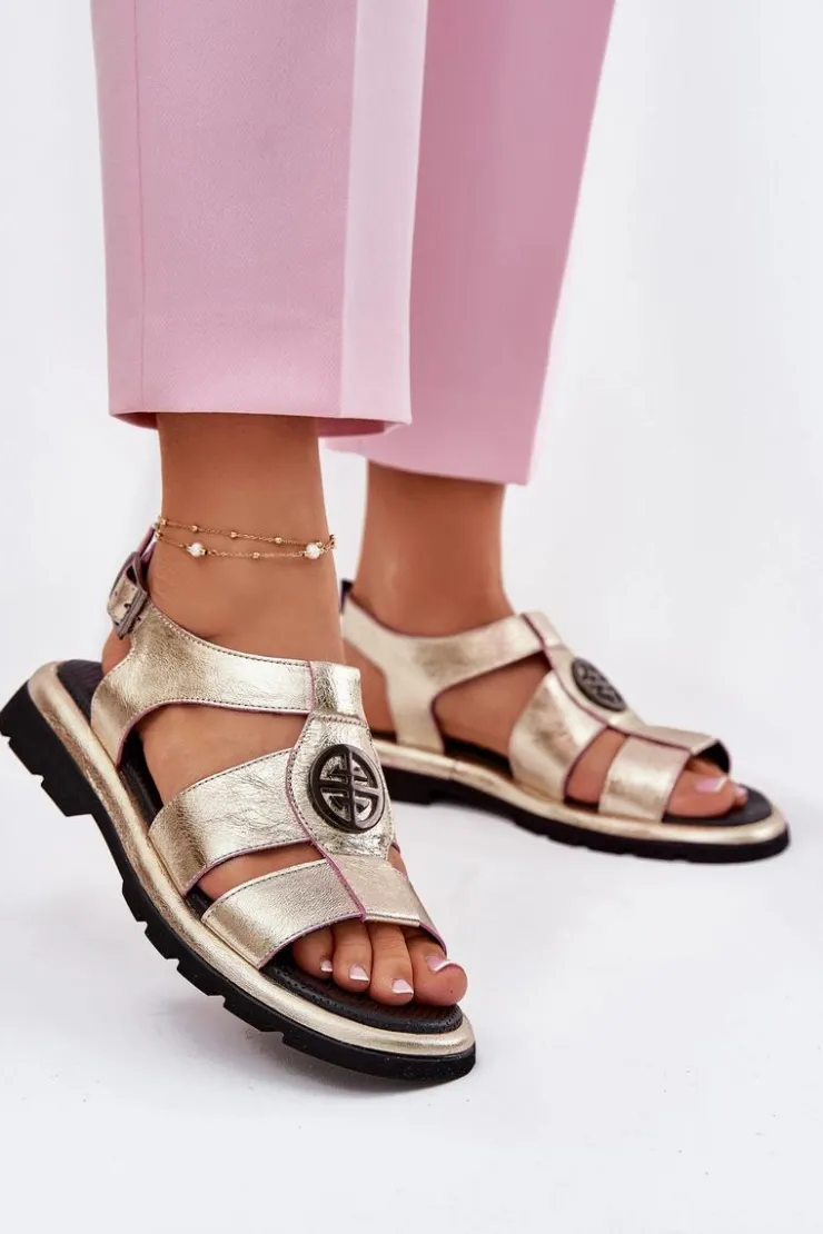 Artiker Sandały Płaskie*Skórzane Sandały Damskie Lakierowane Z Ozdobnym Detalem 56C0689 Złote Złoty