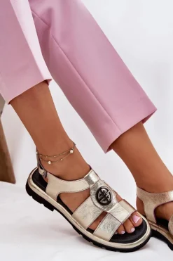 Artiker Sandały Płaskie*Skórzane Sandały Damskie Lakierowane Z Ozdobnym Detalem 56C0689 Złote Złoty