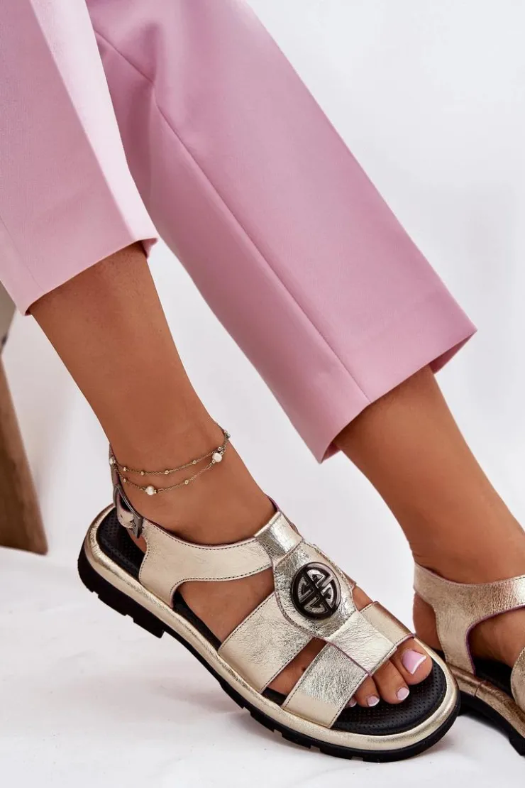 Artiker Sandały Płaskie*Skórzane Sandały Damskie Lakierowane Z Ozdobnym Detalem 56C0689 Złote Złoty