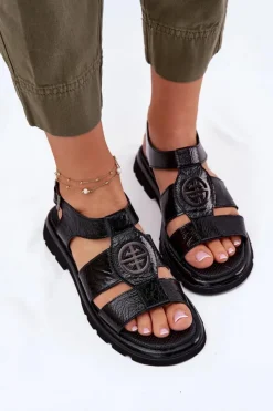 Damskie Artiker Skórzane Sandały Damskie Lakierowane Z Ozdobnym Detalem 56C0691 Czarne