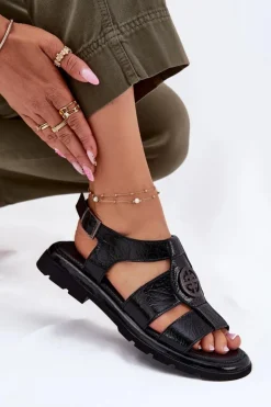 Damskie Artiker Skórzane Sandały Damskie Lakierowane Z Ozdobnym Detalem 56C0691 Czarne