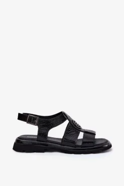 Damskie Artiker Skórzane Sandały Damskie Lakierowane Z Ozdobnym Detalem 56C0691 Czarne