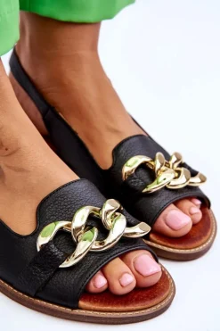 Boto Sandały Płaskie*Skórzane Sandały Damskie Lewski Shoes 3230 Groch Czarny