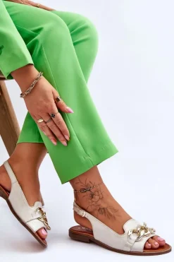 Damskie Boto Skórzane Sandały Damskie Lewski Shoes 3230 Beżowo-Złote