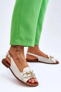 Damskie Boto Skórzane Sandały Damskie Lewski Shoes 3230 Beżowo-Złote