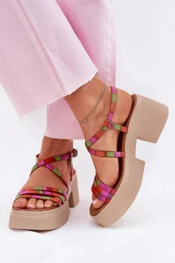 Maciejka Sandały Na Obcasie*Skórzane Sandały Damskie 06990-39 Multikolor Wielokolorowy