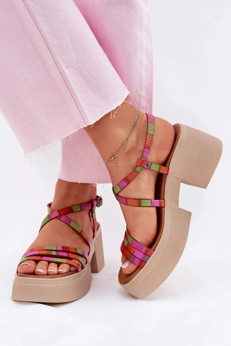 Maciejka Sandały Na Obcasie*Skórzane Sandały Damskie 06990-39 Multikolor Wielokolorowy