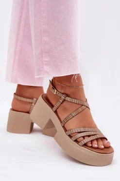 Outlet Maciejka Skórzane Sandały Damskie 06990-25 Złote Złoty