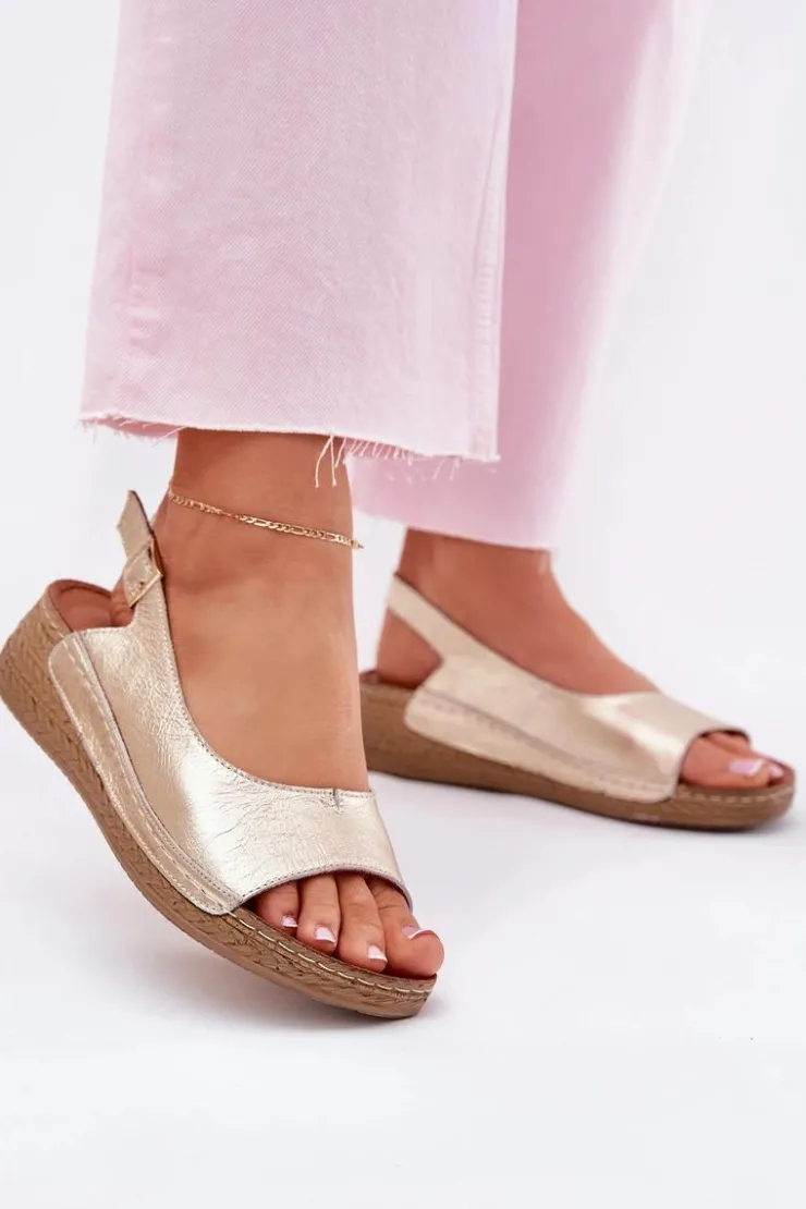 Damskie Maciejka Skórzane Sandały Damskie Na Koturnie L7069 -25 Złote