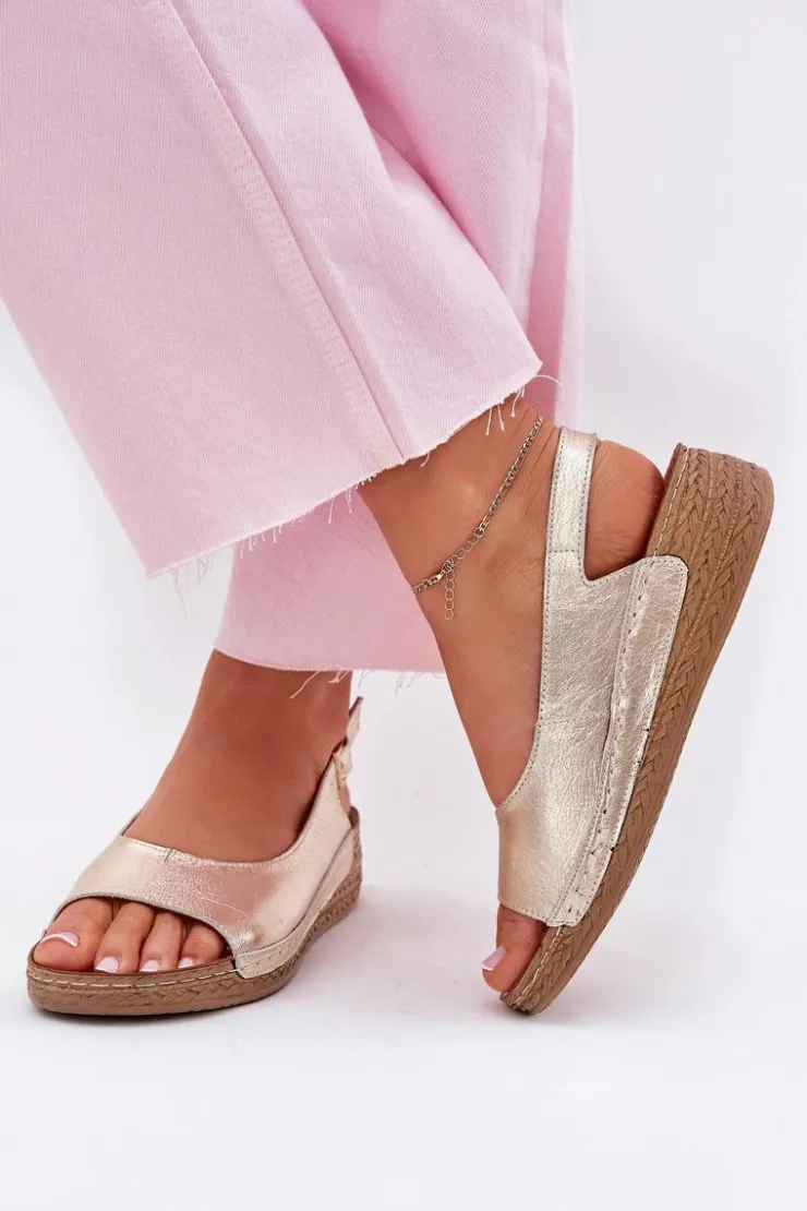 Damskie Maciejka Skórzane Sandały Damskie Na Koturnie L7069 -25 Złote