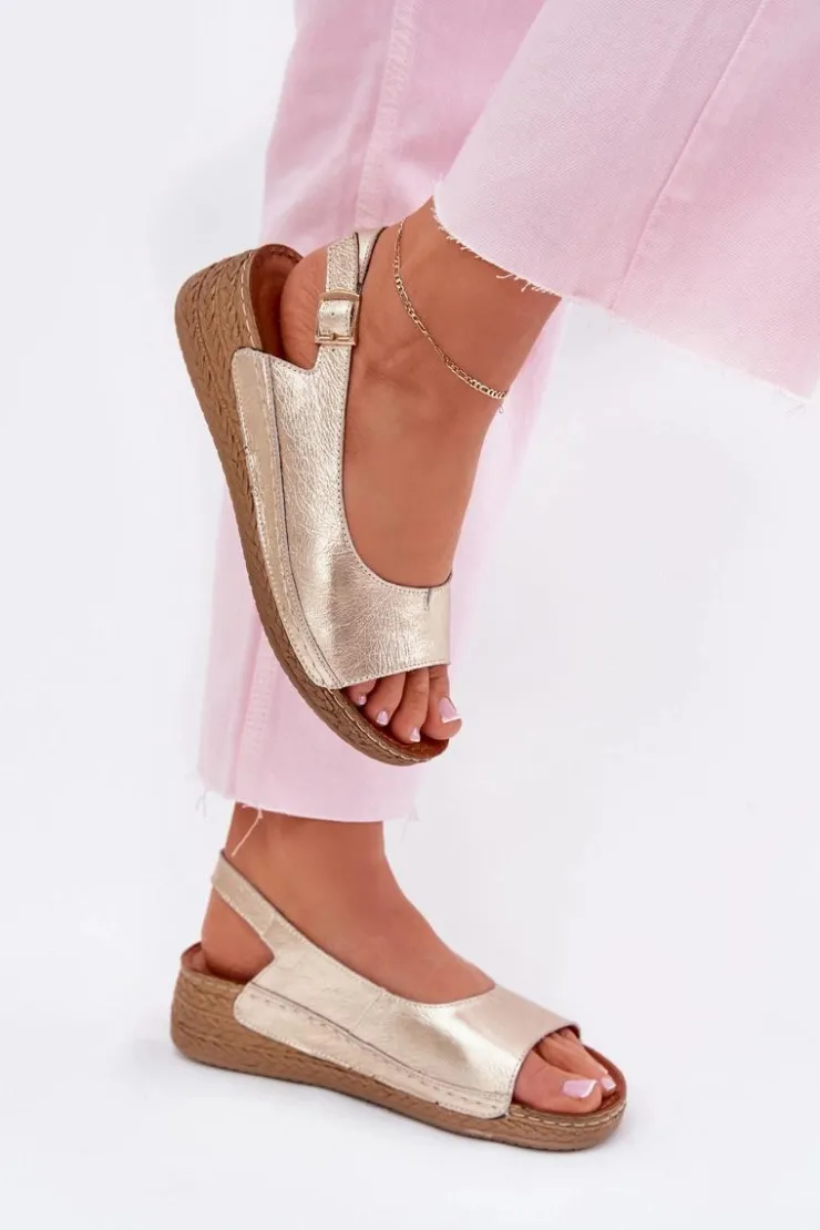 Damskie Maciejka Skórzane Sandały Damskie Na Koturnie L7069 -25 Złote