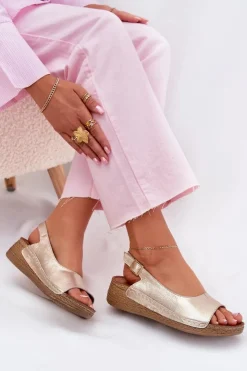 Damskie Maciejka Skórzane Sandały Damskie Na Koturnie L7069 -25 Złote