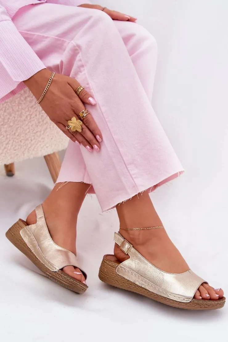 Damskie Maciejka Skórzane Sandały Damskie Na Koturnie L7069 -25 Złote