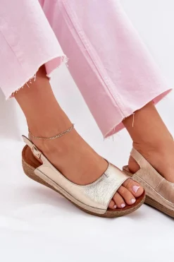Damskie Maciejka Skórzane Sandały Damskie Na Koturnie L7069 -25 Złote
