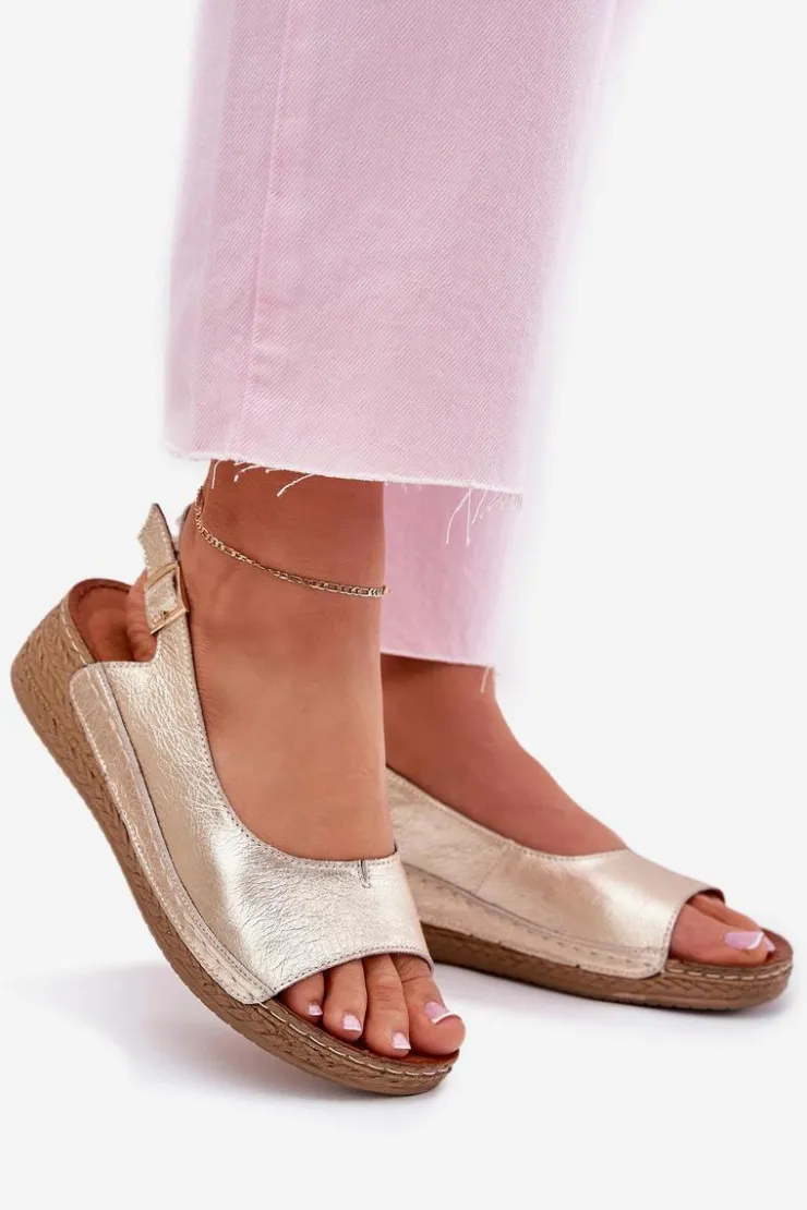 Damskie Maciejka Skórzane Sandały Damskie Na Koturnie L7069 -25 Złote