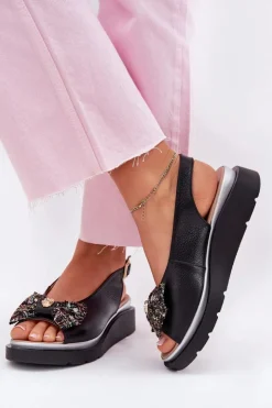 Discount Zazoo Skórzane Sandały Damskie Na Koturnie Z Kokardą 1882 Czarne Czarny