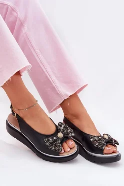 Discount Zazoo Skórzane Sandały Damskie Na Koturnie Z Kokardą 1882 Czarne Czarny