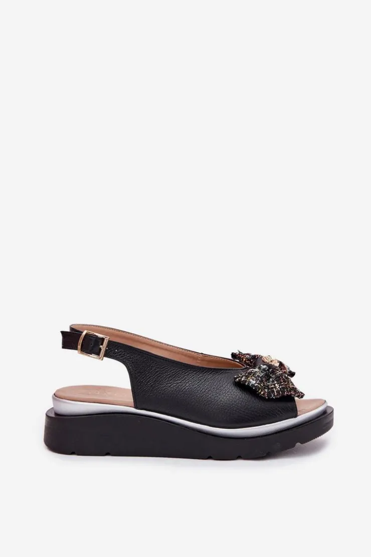 Discount Zazoo Skórzane Sandały Damskie Na Koturnie Z Kokardą 1882 Czarne Czarny
