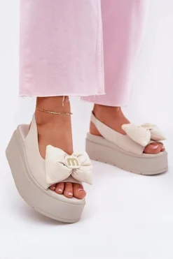 Damskie CheBello Skórzane Sandały Damskie Na Platformie Z Kokardą 4641 Beżowe