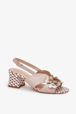 Laura Messi Sandały Na Słupku|Sandały Na Obcasie*Skórzane Sandały Damskie Na Słupku Z Kwiatami 2950 Beżowe Beżowy