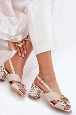 Laura Messi Sandały Na Słupku|Sandały Na Obcasie*Skórzane Sandały Damskie Na Słupku Z Kwiatami 2950 Beżowe Beżowy