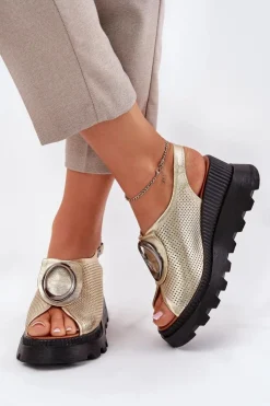 Boto Sandały Na Koturnie*Skórzane Sandały Damskie Na Koturnie Z Ozdobą Artiker 56C0109 Złote Złoty