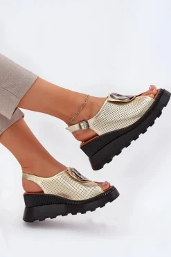 Boto Sandały Na Koturnie*Skórzane Sandały Damskie Na Koturnie Z Ozdobą Artiker 56C0109 Złote Złoty