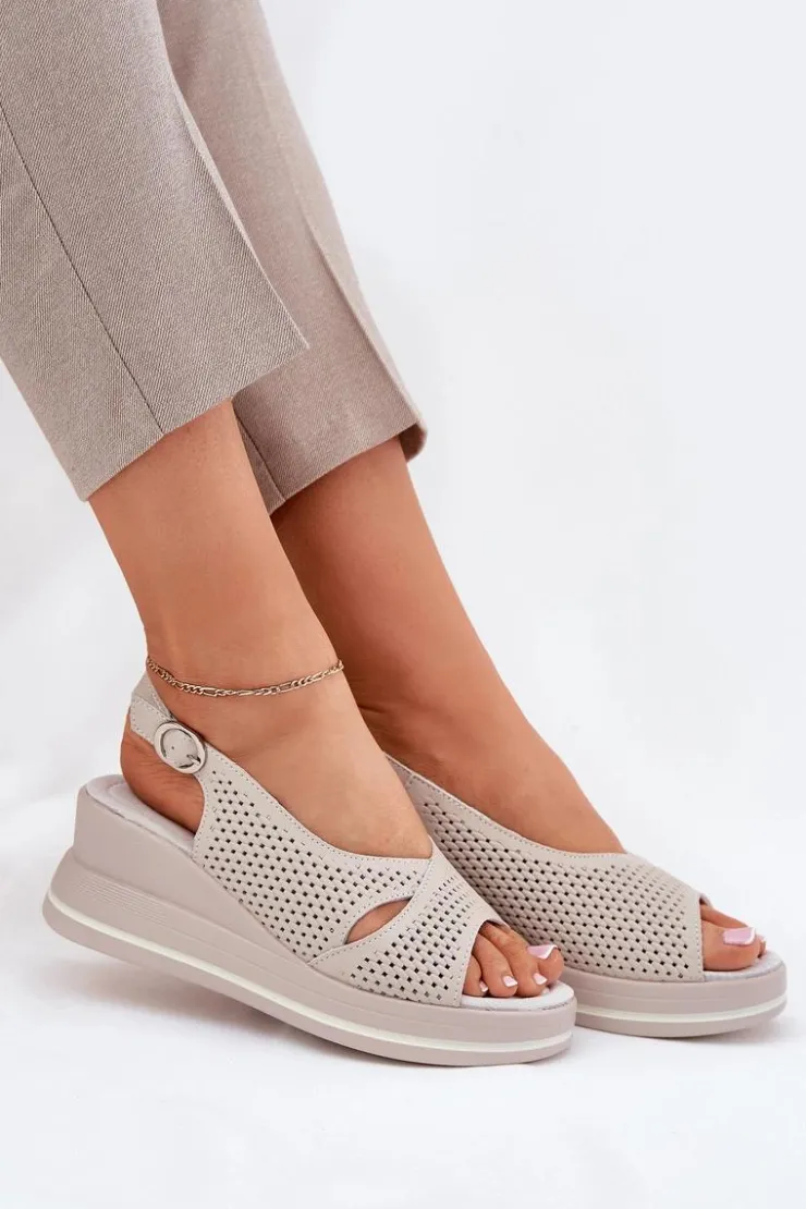 Damskie buty S.Barski Sandały Na Koturnie*Skórzane Sandały Damskie Na Koturnie S.Barski LR51-660 Beżowe