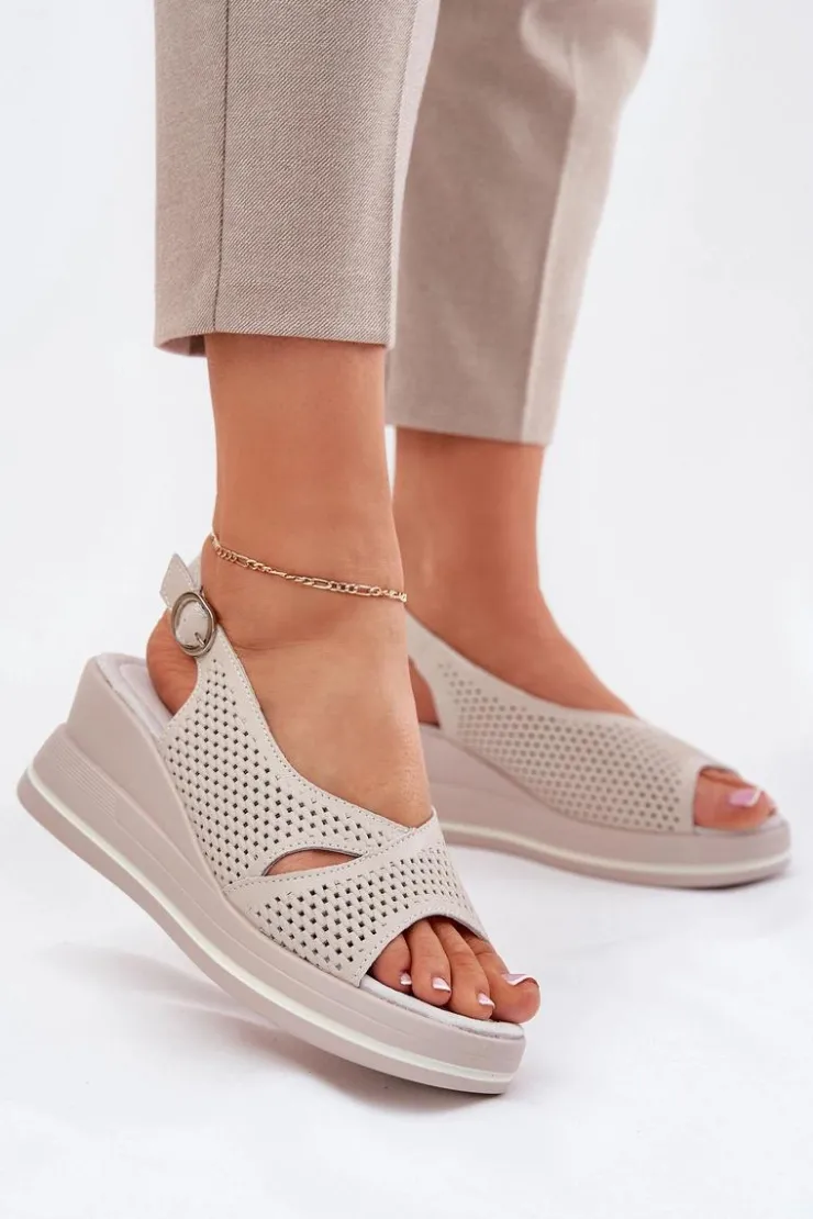 Damskie buty S.Barski Sandały Na Koturnie*Skórzane Sandały Damskie Na Koturnie S.Barski LR51-660 Beżowe