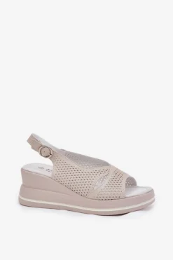 Damskie buty S.Barski Sandały Na Koturnie*Skórzane Sandały Damskie Na Koturnie S.Barski LR51-660 Beżowe